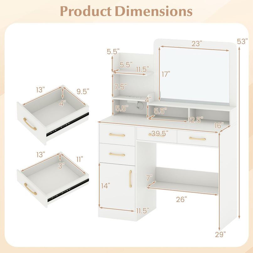 CHARMAID White Makeup Vanity Desk with Mirror & Charging Station