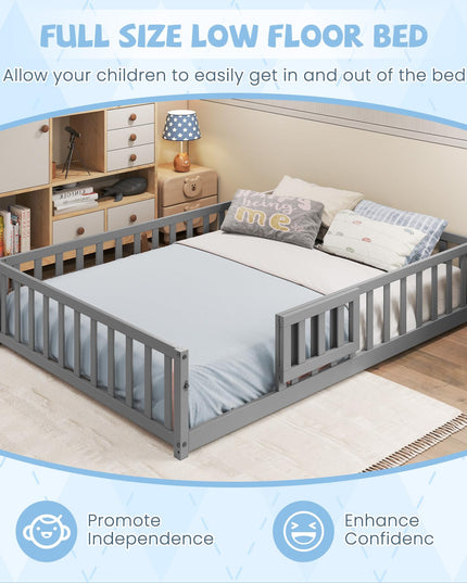 Giantex Full Size Floor Bed for Kids, Montessori Floor Bed with Wood Slats & Safety Guardrails