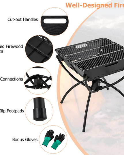 Giantex Folding Campfire Grill, Camping Fire Pit with Stainless Steel Grates, Collapsible Aluminum Legs, Carry Bag