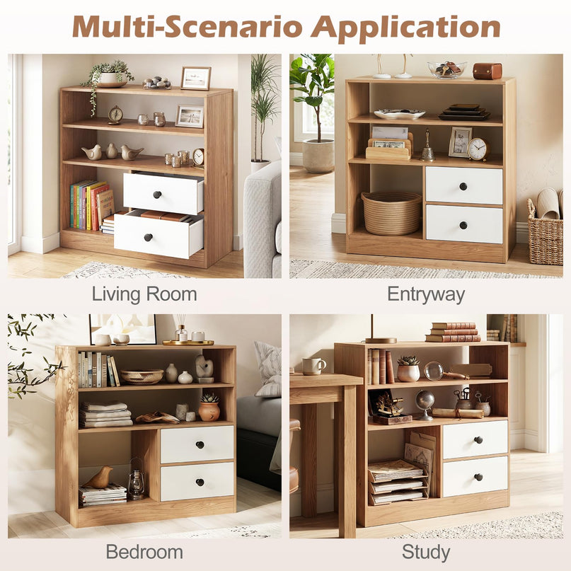 Giantex 4-Tier Bookshelf w/3 Open Compartments & 2 Detachable Fabric Drawers