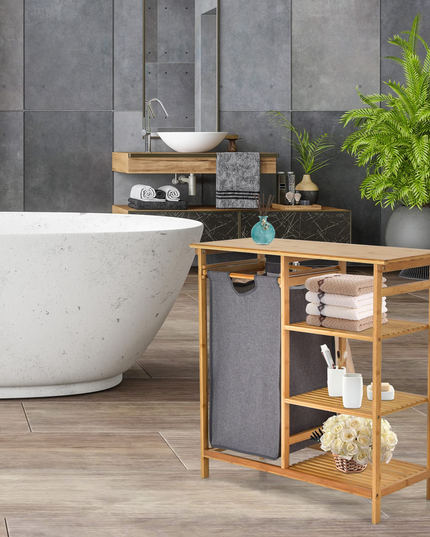 Freestanding Laundry Organizer w/ Removable Sliding Bag & 3-Tier Open Shelves