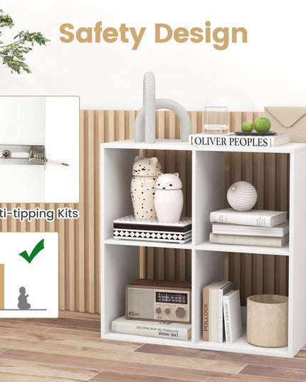 Giantex 4-Cube Bookcase, White Cubby Bookshelf w/Back Guardrail & Anti-Tipping Kits