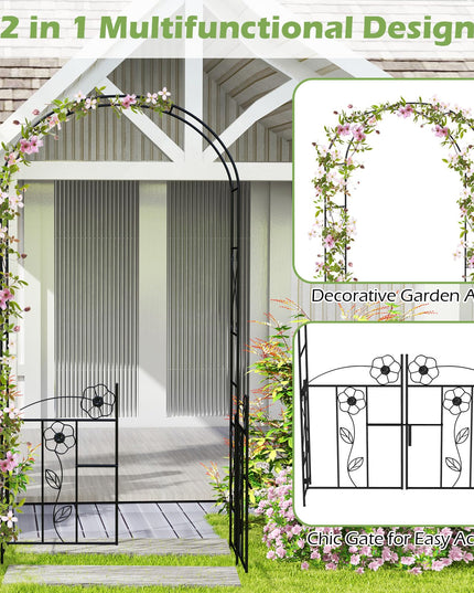 Giantex Garden Arbor with Gate, 7.5FT Metal Arch Trellis for Climbing Plants Rose Ivy, Archway Pergola with Flower Door
