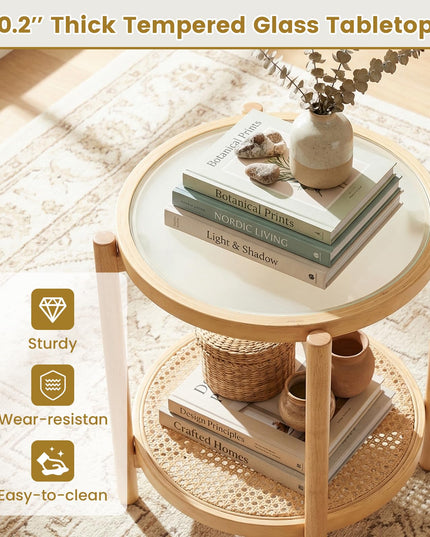 Giantex Rattan Round Side Table | 2-Tier Boho End Table w/Tempered Glass Top (1/2)