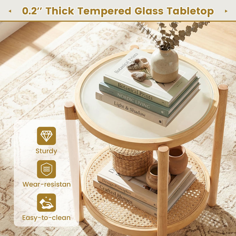 Giantex Rattan Round Side Table | 2-Tier Boho End Table w/Tempered Glass Top (1/2)