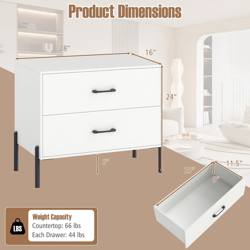 Table de chevet moderne Giantex à 2 tiroirs avec pieds et poignées en métal, kits anti-basculement