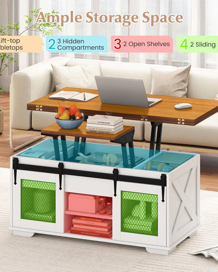 Table basse relevable de style rustique Giantex avec 2 portes coulissantes de grange et 3 compartiments de rangement cachés