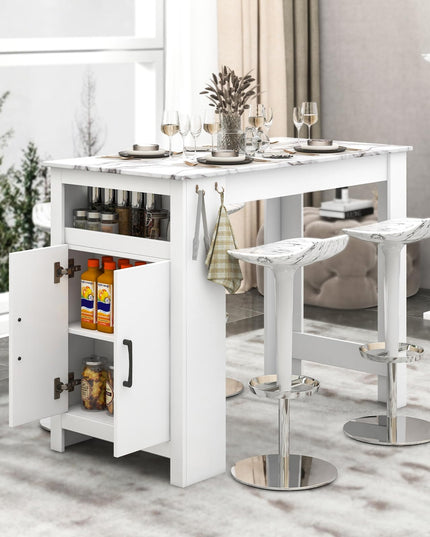 Giantex Bar Table, 47” Counter Height Dining Table with 7 Hanging Hooks, Compartment, Cabinet & Adjustable Shelf
