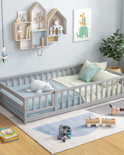 Giantex Twin Floor Bed with Door & Fence, Kids Wood Montessori Bed with Safety Guardrails