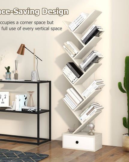 10-Tier Tree Bookshelf with Drawer, Beige - Giantex