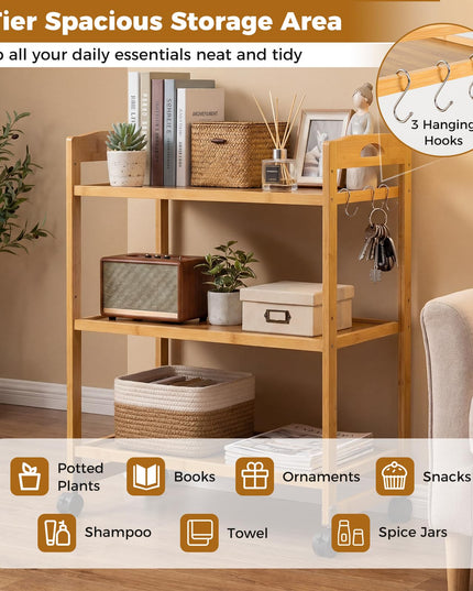 Giantex 3-Tier Rolling Storage Cart | Bamboo Utility Cart w/ 3 Side Hooks & Adjustable Shelves