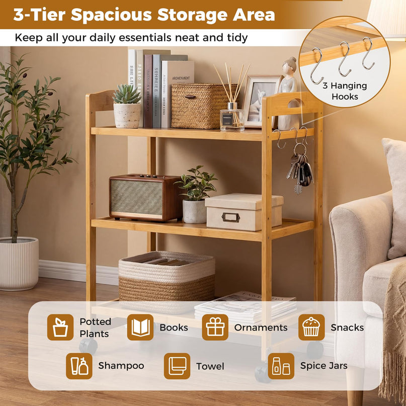 Giantex 3-Tier Rolling Storage Cart | Bamboo Utility Cart w/ 3 Side Hooks & Adjustable Shelves