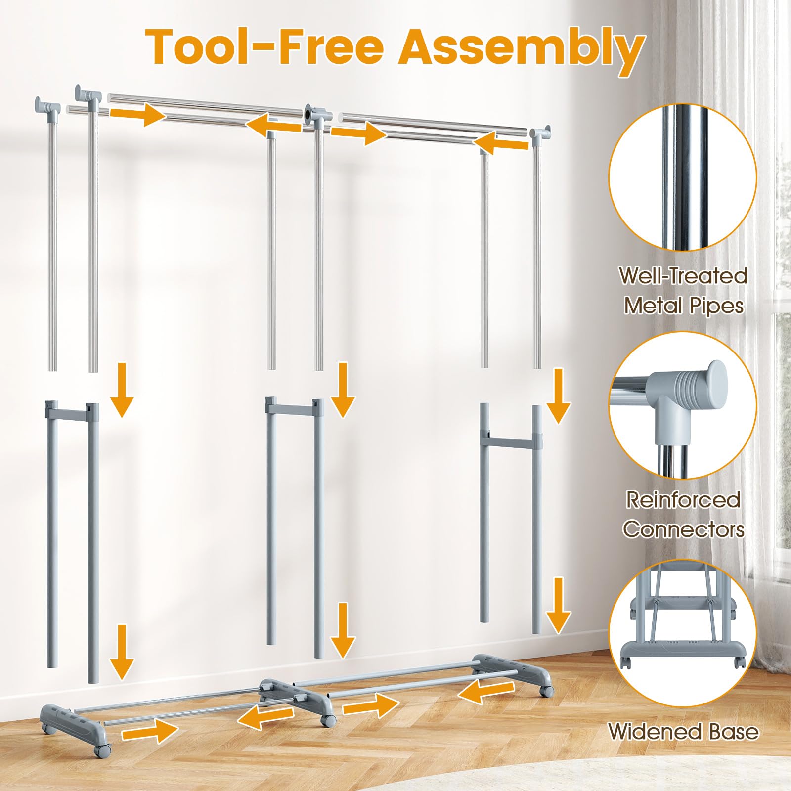 Height Adjust Rack Giantex Extendable Double Rod Clothes Rack with Adjustable Height & Wi ...