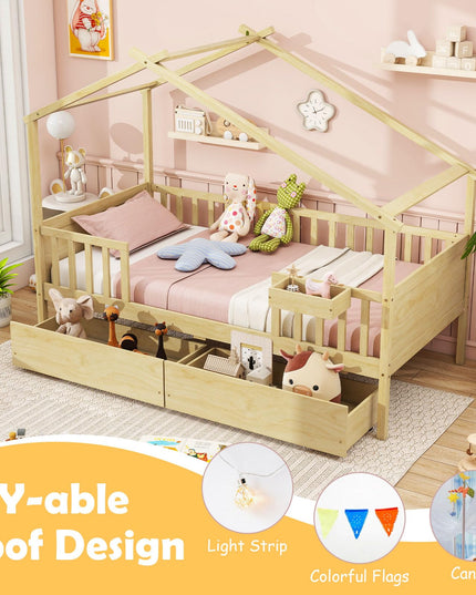 Giantex Montessori  Wooden Twin Bed Frame with Cube Storage & Fence Rails
