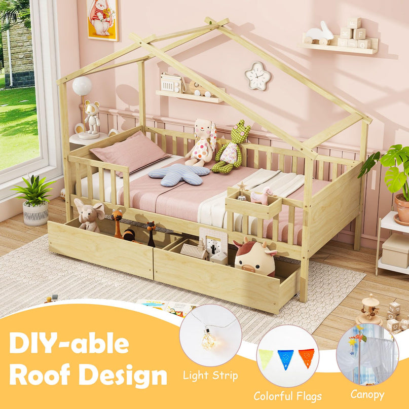 Giantex Montessori  Wooden Twin Bed Frame with Cube Storage & Fence Rails