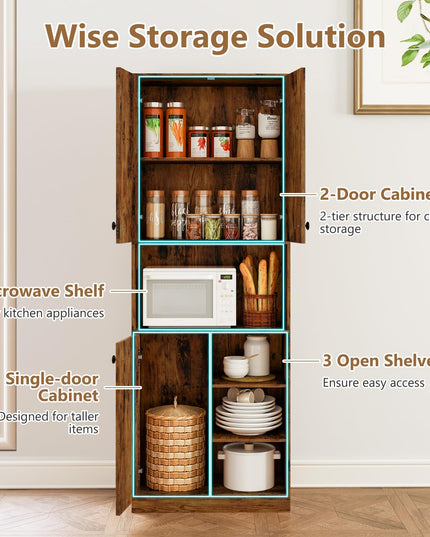 Giantex Pantry Organizers and Storage, 65.5" Tall Pantry Cabinet with Buffet Hutch, Microwave Countertop
