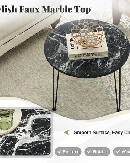 Giantex Round Coffee Table, Faux Marble Center Table with Metal Legs, Sofa Accent Side Table