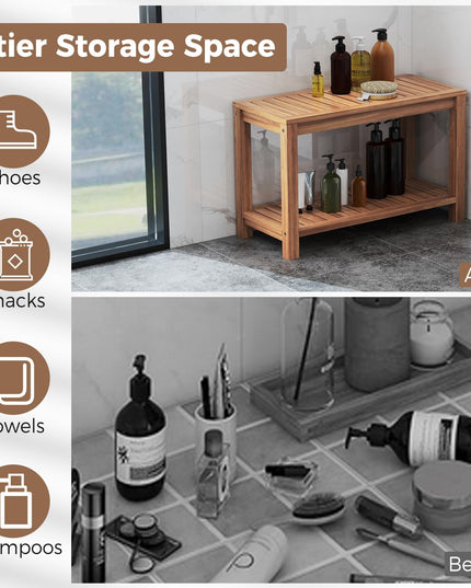 Giantex 30 Inch Teak Shower Bench with Shelf