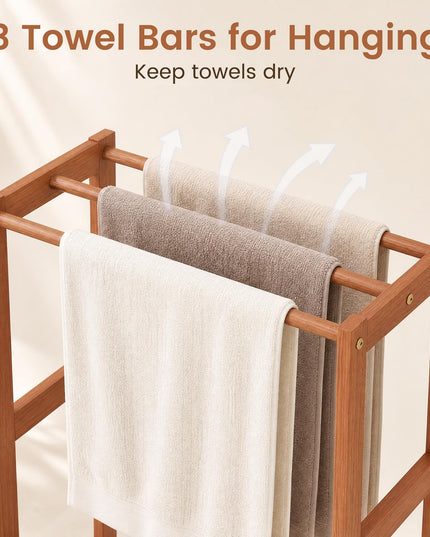 3-Bar Wood Towel Rack Freestanding with Bottom Storage Shelf