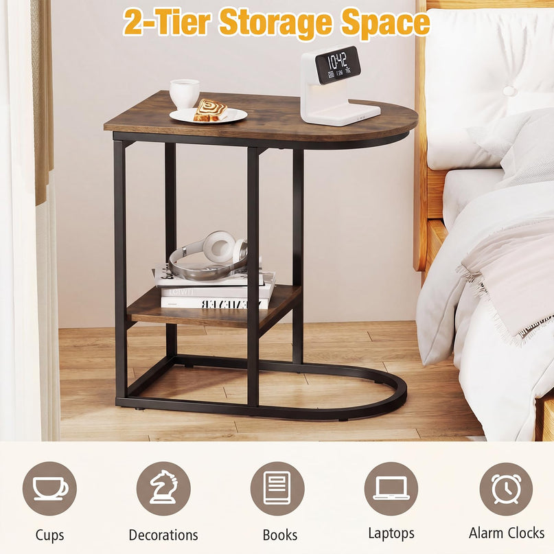 Giantex C Shaped End Table with Industrial Wood Tabletop & Storage Shelf