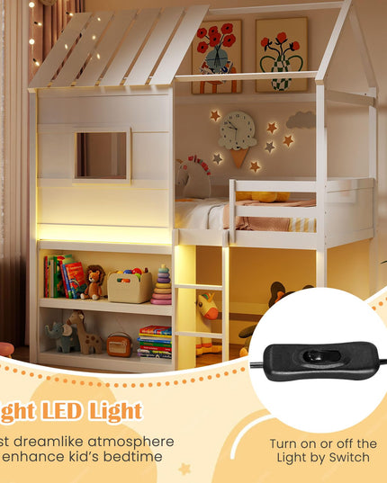 Giantex Twin Size Loft Bed with LED Lights Roof Window & Storage Bookshelf