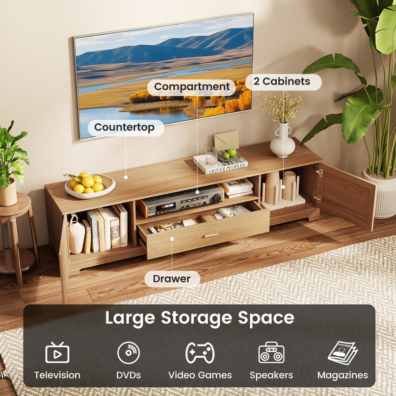 Giantex Farmhouse Modern TV Stand with Storage Cabinets & Drawer for 60-80 Inch TV