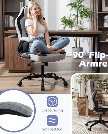 Chaise de bureau ergonomique Giantex | Chaise de bureau en tissu de lin avec accoudoirs relevables à 90°