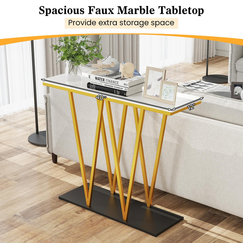 Console étroite dorée Giantex 100 cm avec plateau aspect marbre et base en métal robuste