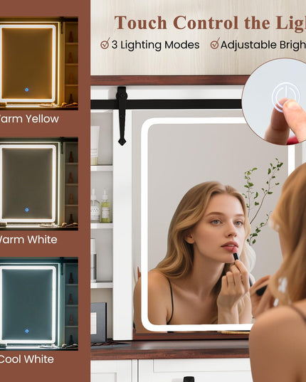 CHARMAID Farmhouse Vanity Table with Barn-Style Sliding Lighted Mirror