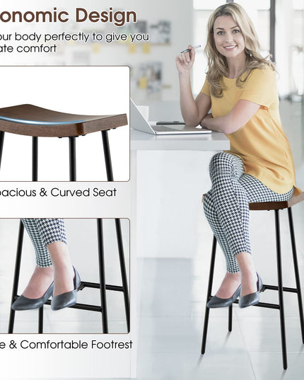 Industrial Saddle Stool with Footrest, Metal Legs, Adjustable Foot Pads, Backless Counter Height Chair for Living Room Kitchen Bar