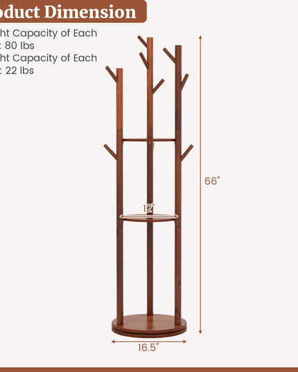 Giantex Coat Rack Freestanding, Wooden Rotary Coat Tree w/ 3 Display Storage Shelves & 9 Hooks