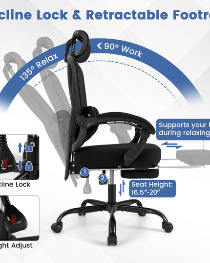 Giantex Ergonomic Desk Chair with Retractable Footrest 135° Tilting Backrest & Lumbar Support