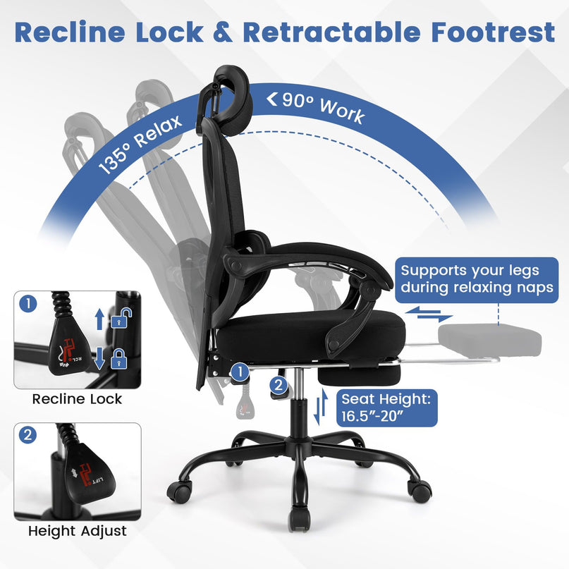 Giantex Ergonomic Desk Chair with Retractable Footrest 135° Tilting Backrest & Lumbar Support