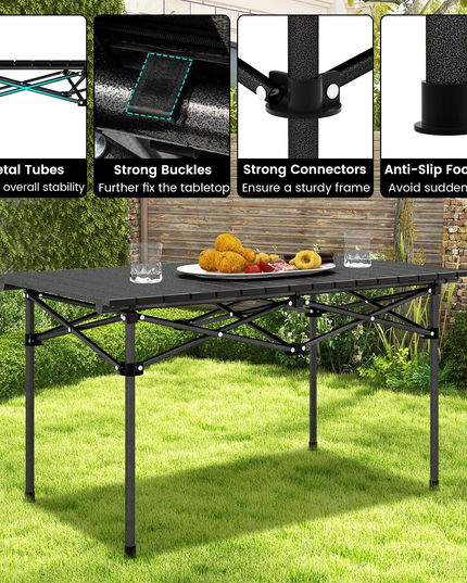 Giantex Folding Camping Table for 4-6 People, Roll-Up Lightweight Picnic Table with Large Aluminum Tabletop & Carrying Bag (Black)