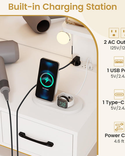 Makeup Vanity Desk with Lighted Mirror & Charging Station