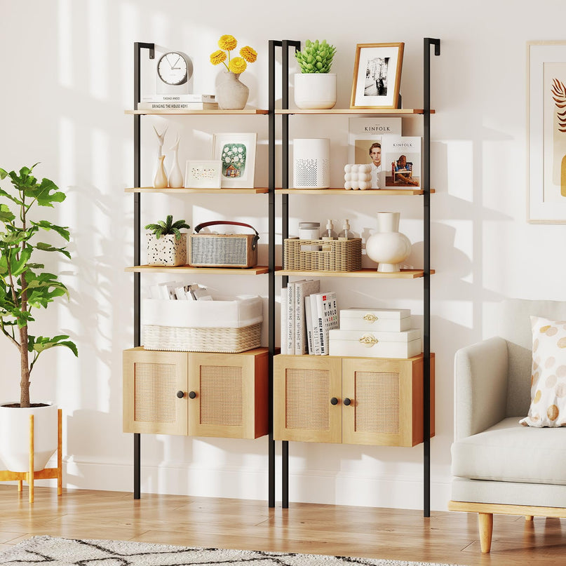 Giantex 5 Tier Ladder Bookcase with Rattan Cabinet