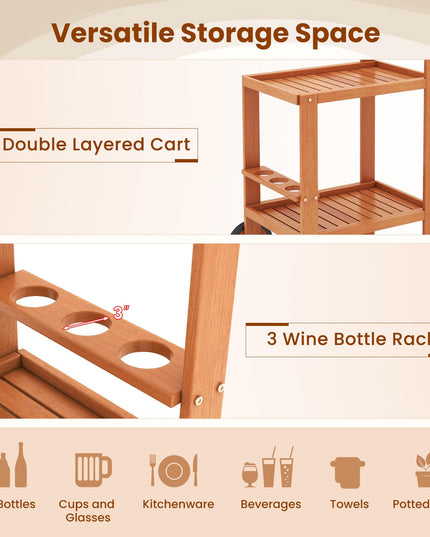Giantex Wood Bar Cart 2 Tier Side Table with Large Wheels & Wine Bottle Rack