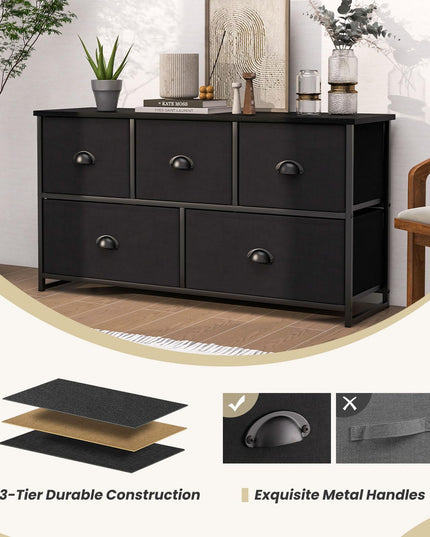 Giantex Black Dresser for Bedroom with 5 Drawers - Wide Clothes Storage Organizer w/ 5 Fabric Bins