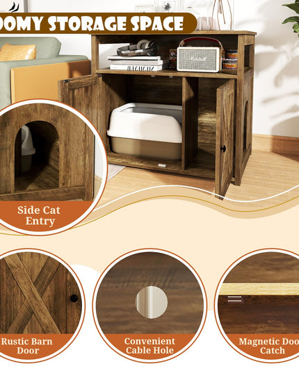 Giantex Cat Litter Box Enclosure - Litter Box Hidden Furniture with Barn Door, Inner Divider, Side Entry, Storage Shelf