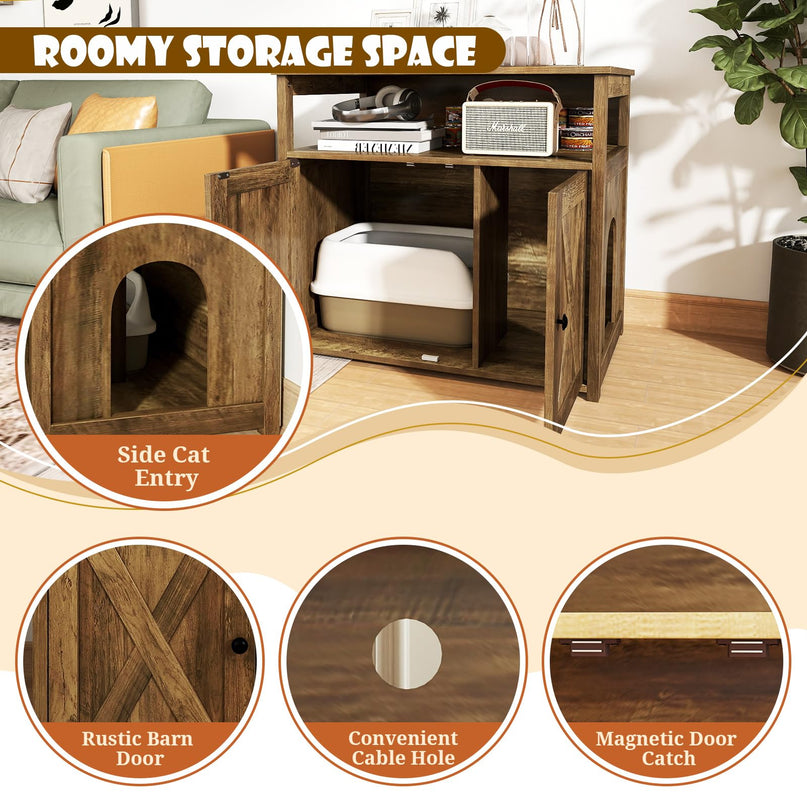 Giantex Cat Litter Box Enclosure - Litter Box Hidden Furniture with Barn Door, Inner Divider, Side Entry, Storage Shelf