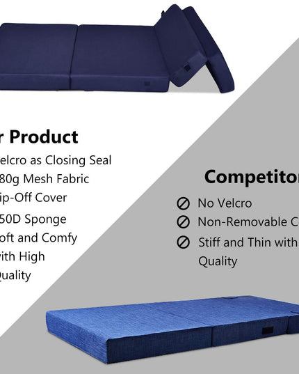 4" Thick Folding Portable Mattress Pad Sofa Bed with No Carrying Handles and Removable Washable Fabric Queen Blue
