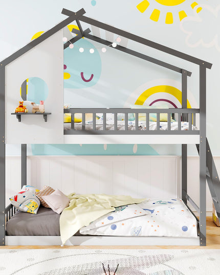 Giantex Solid Wood Floor Bunk Bed with Ladder and Full-Length Guardrails
