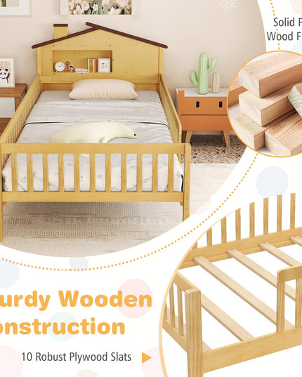 Giantex Twin Bed Frames for Kids, Solid Wood Montessori Bed with House-Shaped Headboard & Built-in Storage Shelf