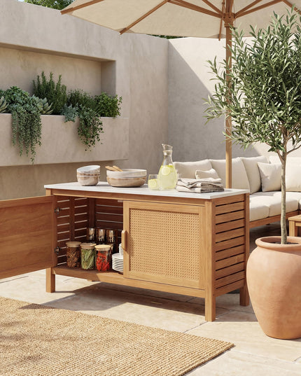 Giantex Acacia Wood Outdoor Cabinet w/Faux Marble Top