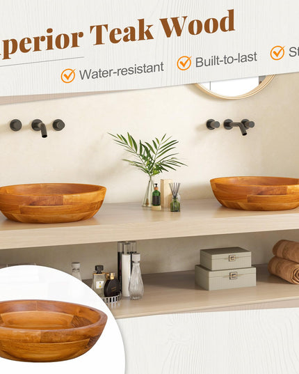 Giantex Teak Wood Vessel Sink - Bathroom Washbasin with Smooth Finish, Round Corner (16” x 16” x 4” Bowl-shaped)