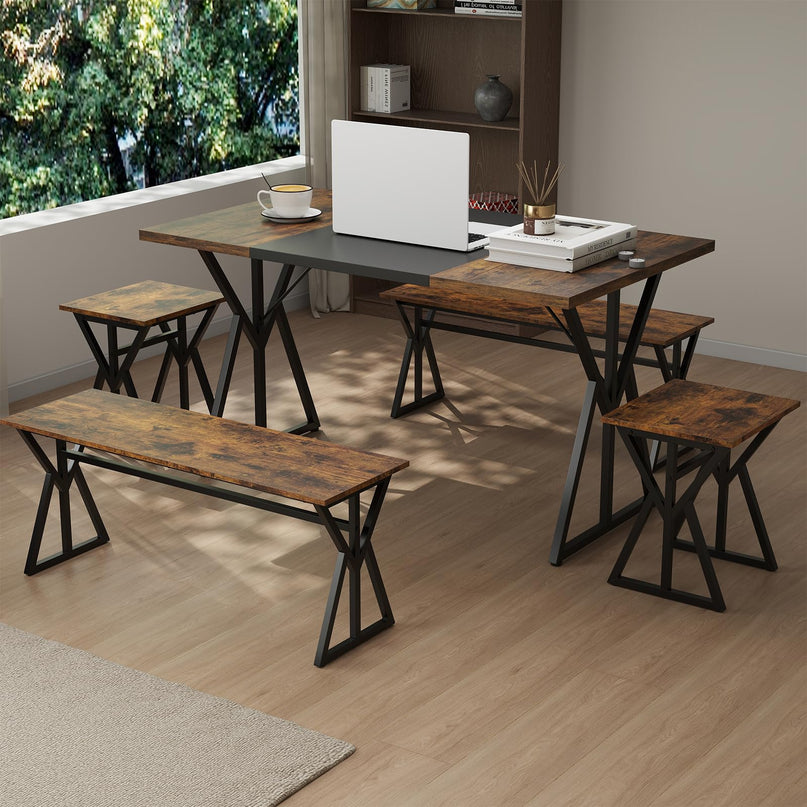 Giantex 55" Kitchen Table with 2 Benches & 2 Stools with X-Shaped Metal Frame