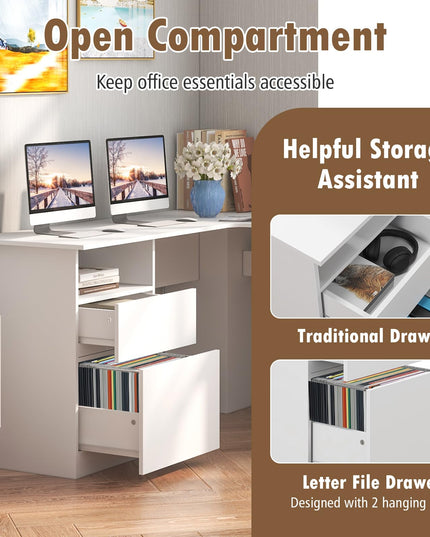 Giantex L Shaped Computer Desk with Drawers, 59" Corner Desk Workstation with Storage Shelf & Cable Holes
