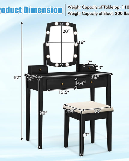 CHARMAID Vanity Desk with Mirror and Lights, Makeup Vanity Table with Swivel Mirror, Girls Bedroom Makeup Dressing Table with Stool