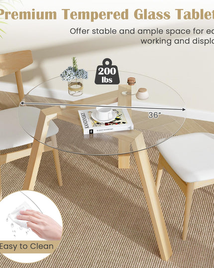 Giantex Round Glass Dining Table for 4 - Small Coffee Table with Rubber Wood Frame