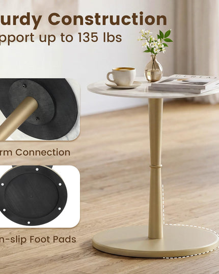 Giantex Round Marble Side Table w/Stone Finish & Wooden Pedestal (1/2)
